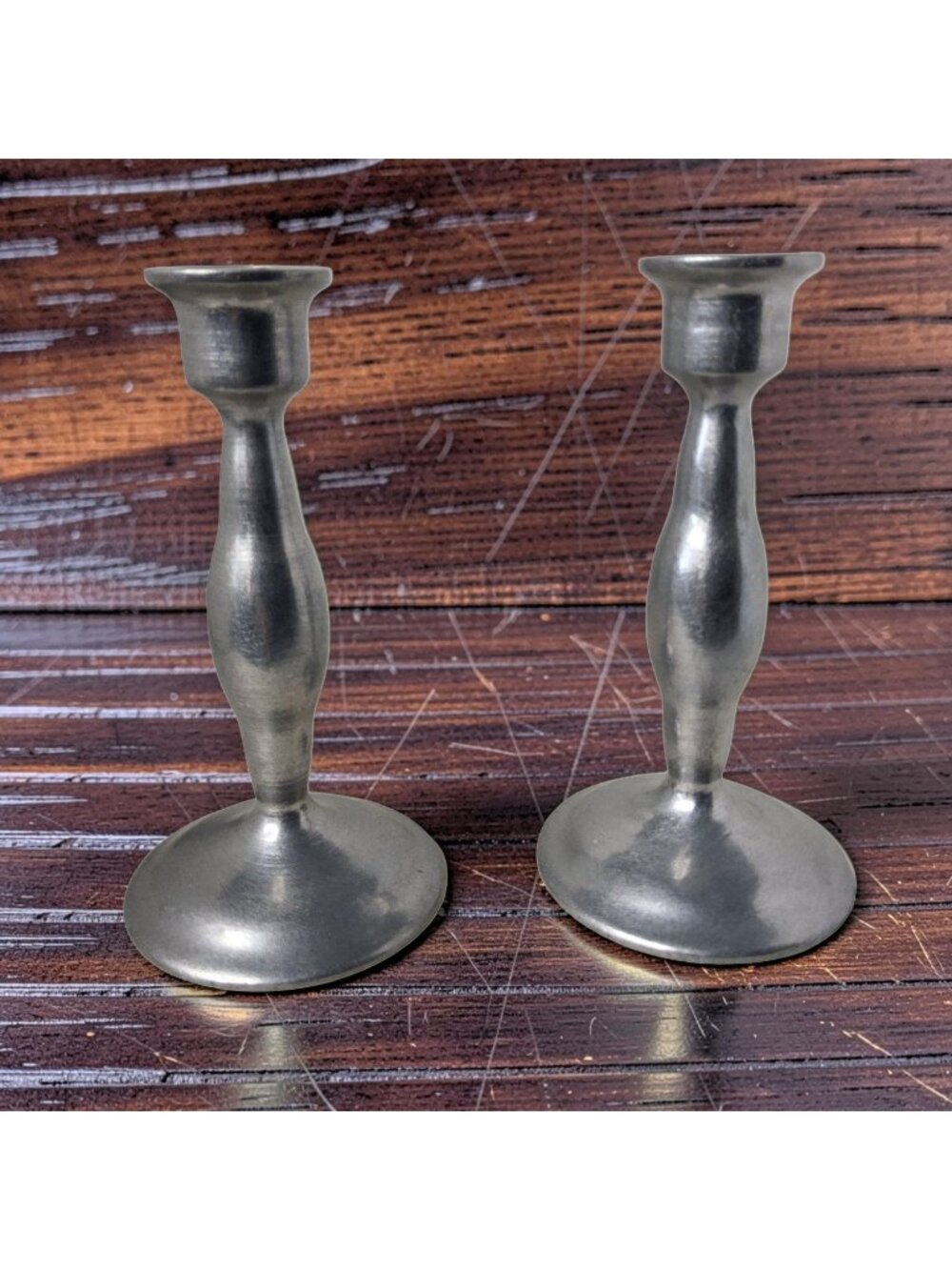 Antique Early1900s Pair Heavy Pewter Candlestick Holders